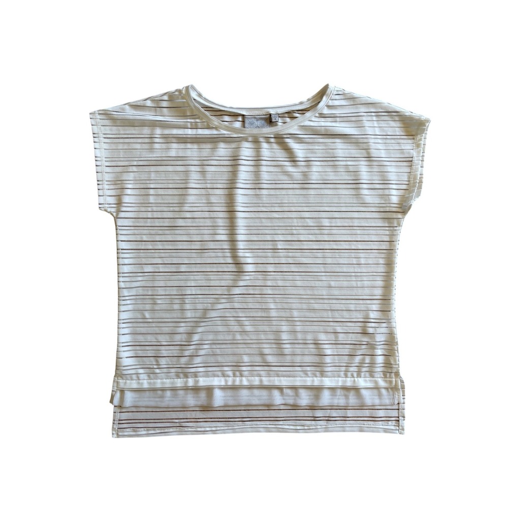 Dantelle Whimsy Sheer White Gold Metallic Striped Short Sleeve Top Blouse Size M
